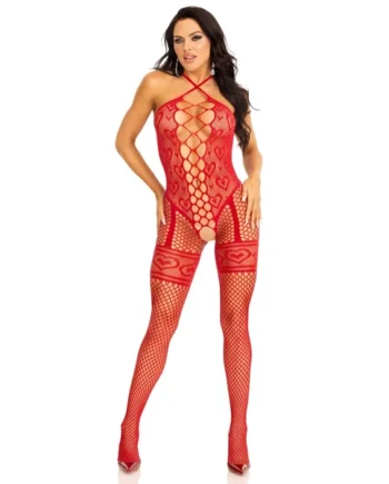Heart Net Halter Bodystocking - One Size - Red