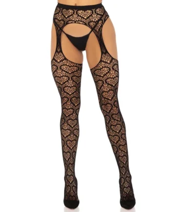 Heart Net Suspender Pantyhose - One Size - Black