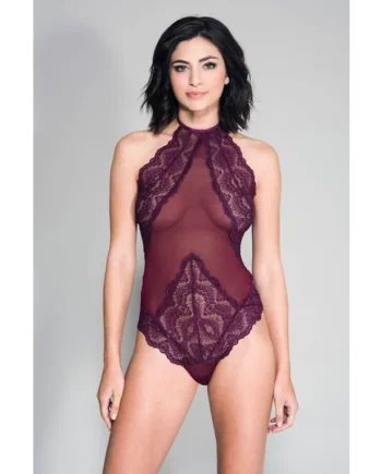 High Neck Scalloped Trim Lace Teddy With Sheer Back - One Size - Burgundy