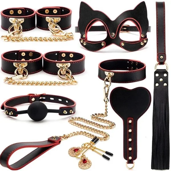 High quality BDSM Genuine Leather Bondage Set Fetish Handcuffs Collar Gag Whip Erotic Sex Toys For Women Couples Adult Games