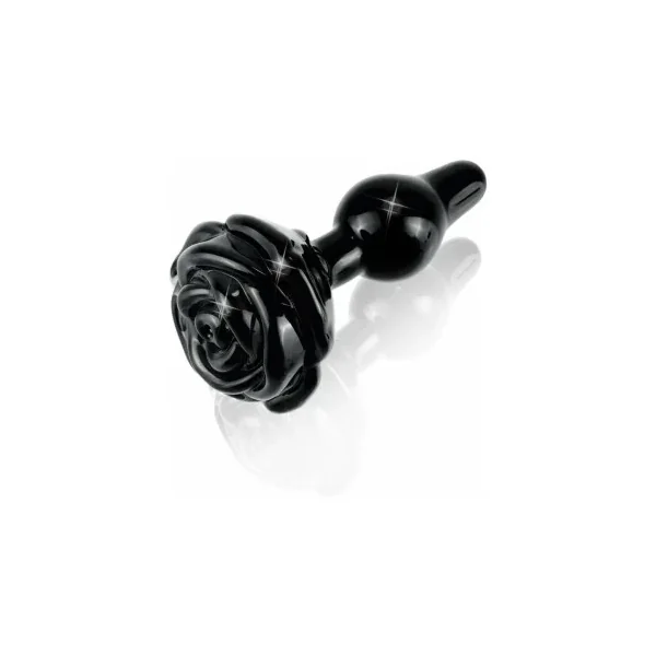 Icicles No. 77 Glass Anal Plug With Rose Base, 2.4 Inch Insertable, 1.2 Inch Max Width, Black