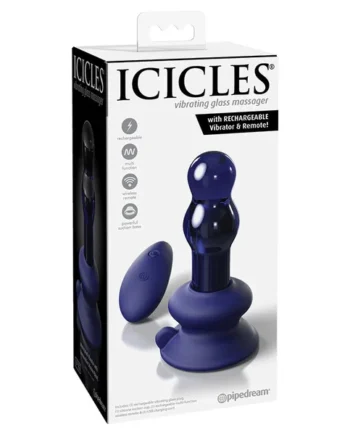 Icicles No. 83 Vibrating Glass Massager with Rechargeable Vibrator & Remote - Blue