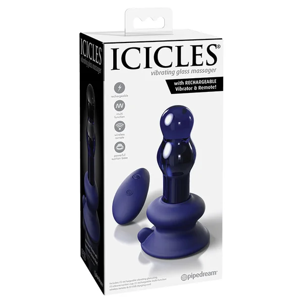 Icicles No. 83 Vibrating Glass Massager with Rechargeable Vibrator & Remote - Blue