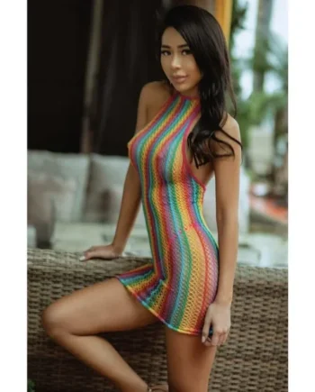 Killer Legs Vibrant Halter Infinity Mini Dress, Rainbow, One Size