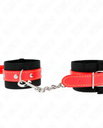KINK - NYLON WRIST RESTRAINTS BLACK WITH LEATHERETTE RED ADJUSTABLE 19-24 CM X 5.5 CM