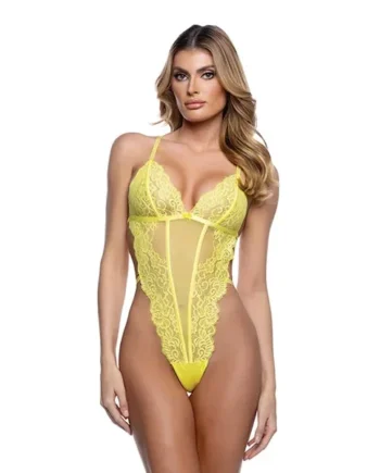 Kiss & Bloom Floral Eyelash Lace and Mesh Teddy – Yellow SM