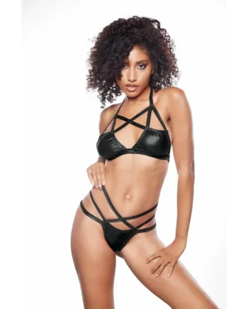 Kitten Criss Cross Bralette and Thong Set - One Size - Black