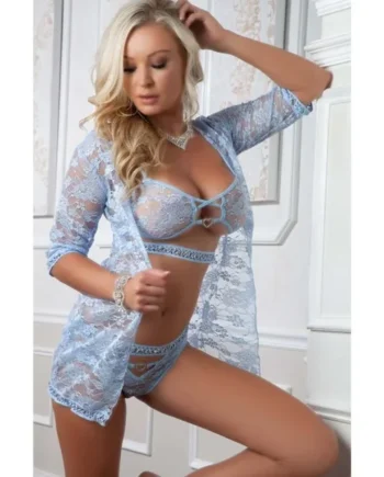 Lace 3 Pc Set Robe Bra Panty Daisy Blue