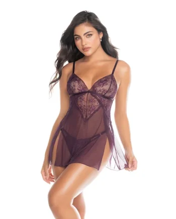 Lace and Mesh Baby Doll w/Thong - Mulberry SM