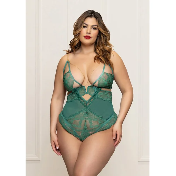 Lace and Mesh Open Crotch Teddy w/Gold Straps - Green 1X/2X