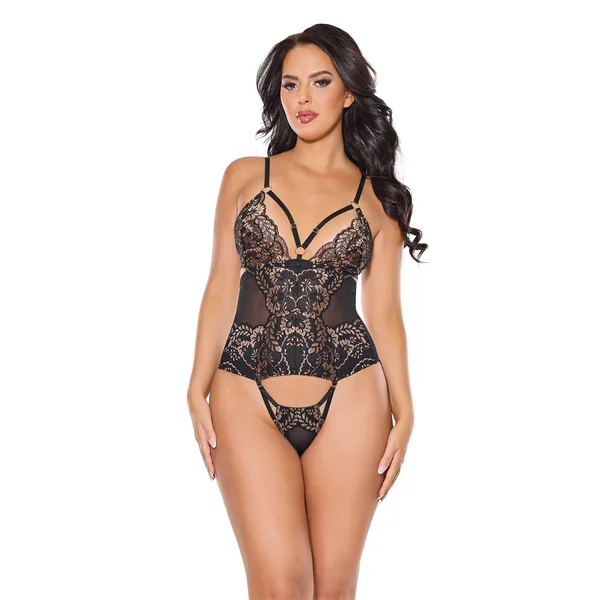Lace and Mesh Teddy w/Removable Backless Panty - Black/Rose Gold SM