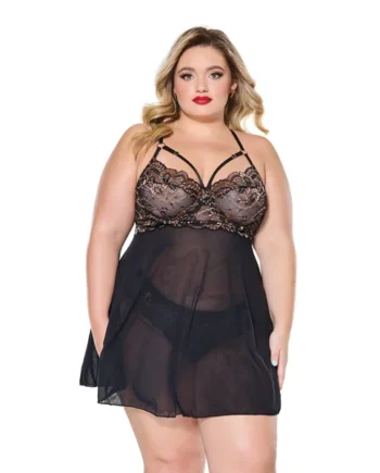 Lace and Mesh Underwire Babydoll w/Thong - Black/Rose Gold 1X/2X