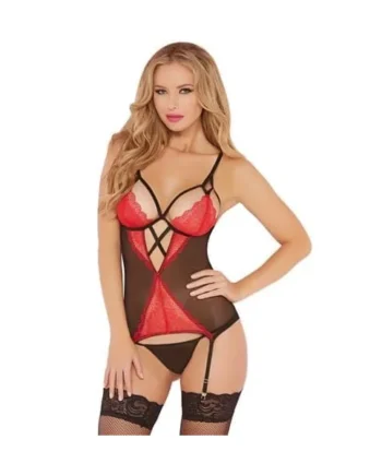 Lace Cami and Thong Set With Garters - One Size - Red