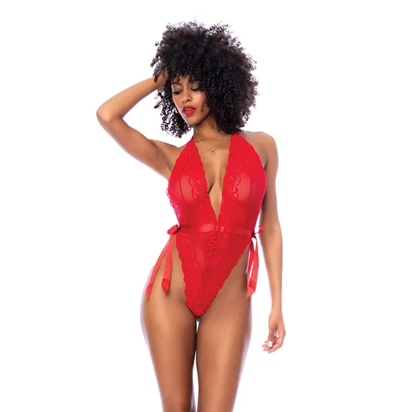Lace Deep-V Halter Teddy w/Hook and Eye Crotch Closure - Red S/M