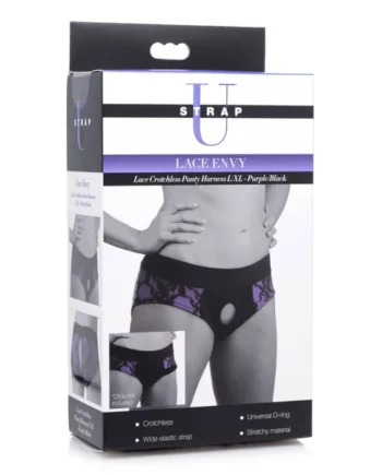 Lace Envy Crotchless Panty Harness - S- M Black and Purple