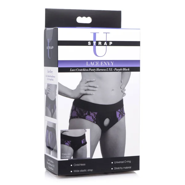 Lace Envy Crotchless Panty Harness - S- M Black and Purple