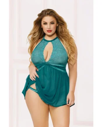 Lace Mesh Babydoll & Panty - 1x2x - Teal