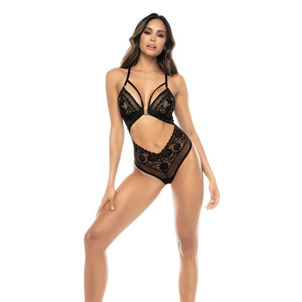 Lace & Mesh Teddy w/Front Clasp & Lace Up Back Black L/XL