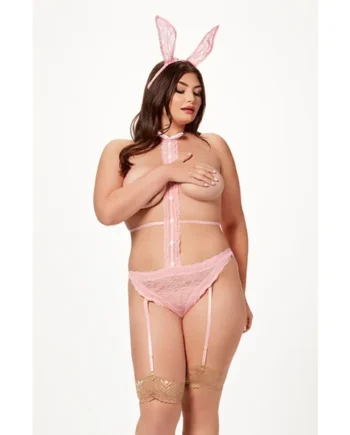 Lace Teddy With Pom Pom and Tuxedo Bow and Bunny Ears - Queen Size - Light Pink