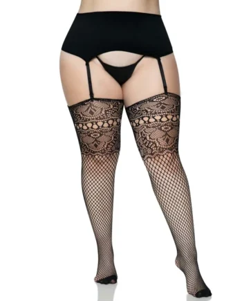 Lace Top Fishnet Backseam Stockings - 1x/2x - Black