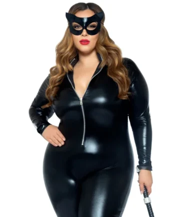Lame Zipper Front Catsuit - 1x-2x - Black