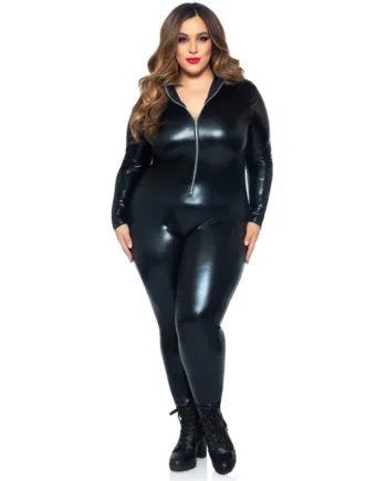 Lame Zipper Front Catsuit - 3x/4x - Black