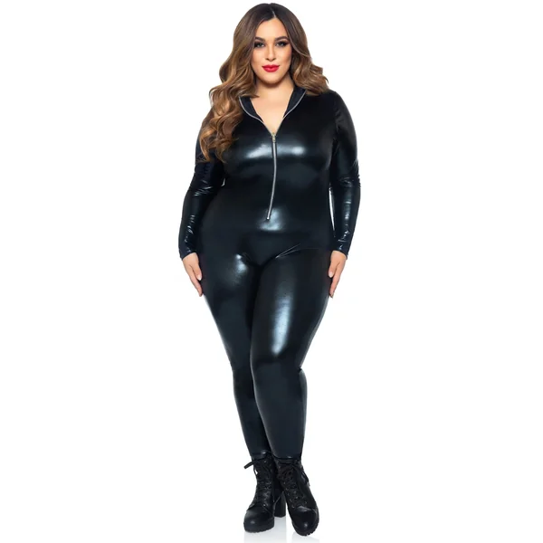 Lame Zipper Front Catsuit - 3x/4x - Black