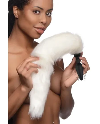 Large Vibrating Anal Plug With Interchangeable Fox Tail – White