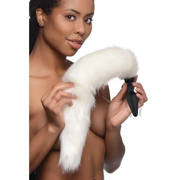 Large Vibrating Anal Plug With Interchangeable Fox Tail – White