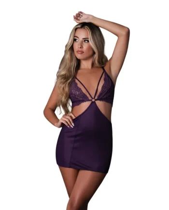 Leather & Lace Stretch Mesh and Lace Chemise w/Thong 2 pc Set - Plum L/XL