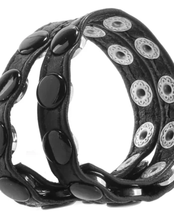 Leather Multi Snap Double Strap Cock Ring in Black