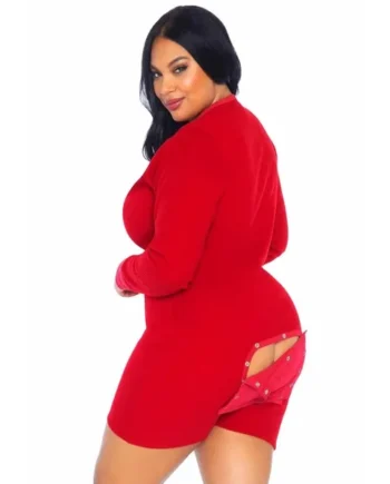 Leg Avenue Brushed Rib Romper Long Johns with Cheeky Snap Closure Back Flap – 3X/4X – Red