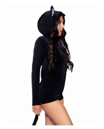 Leg Avenue Comfy Cat Ultra-Soft Velvet Plush Zip Up Romper with Bell Zipper Pull, Ear Hood, and Kitty Tail – Small – Black