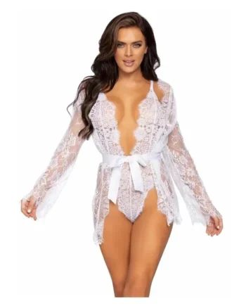 Leg Avenue Floral Lace Teddy with Adjustable Straps and Cheeky Thong Back Matching Lace Robe with Scalloped Trim and Satin Tie – Large – White