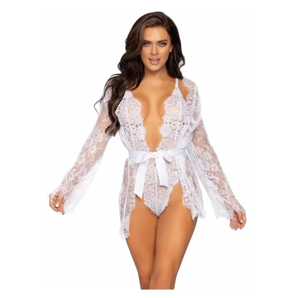 Leg Avenue Floral Lace Teddy with Adjustable Straps and Cheeky Thong Back Matching Lace Robe with Scalloped Trim and Satin Tie – Large – White