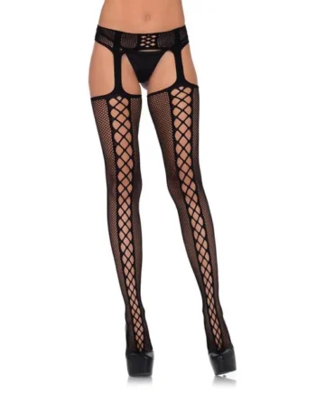 Leg Avenue – Stocking Faux Lace Up Dual Net – Black