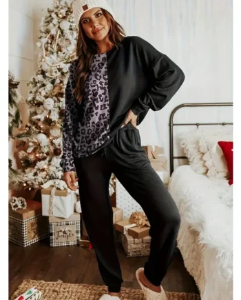 Leopard Round Neck Sweatshirt and Pants Lounge Set