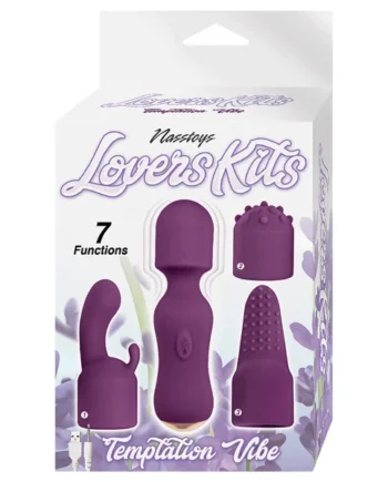 Lovers Kits Temptation Vibe Rechargeable Silicone Wand Vibrator & 3-piece Attachment Set - Eggplant