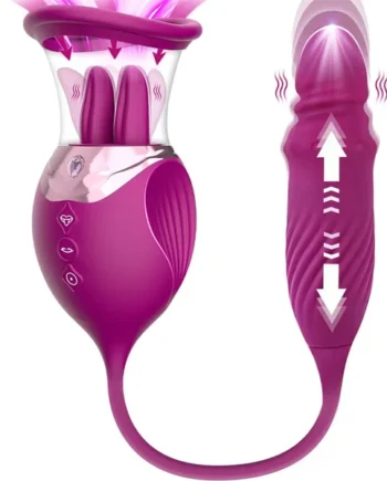 Lurevibe - Rose Sex Toy 4 In1 Tongue Licking Thrusting G Spot Vibrator Clitoral Nipple Sucker Pump Stimulator