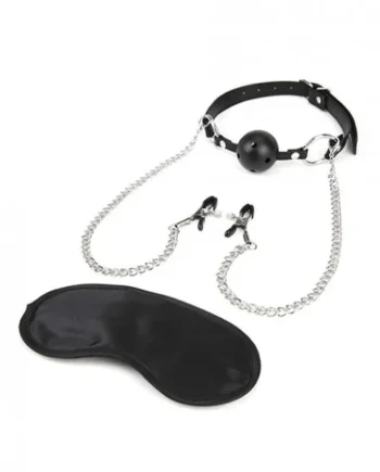 Lux Fetish Breathable Ball Gag Nipple Clamps with Chain