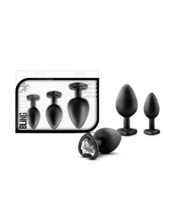 Luxe Bling Silicone Anal Plugs Trainer Kit Black With White Gems