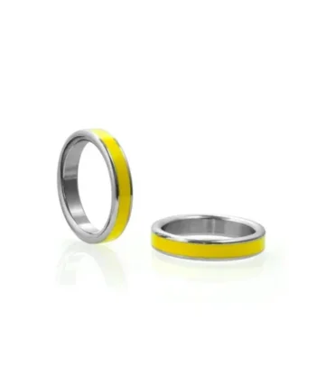 M2M Stainless Cock Ring with Yellow Band & Bag, 1.875 Inch