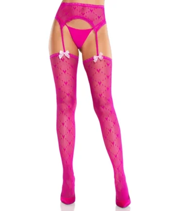 Magenta Heart Lace Trimmed Heart Net Stockings - Net Stockings - With Garter Belt - Os