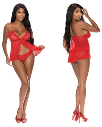 Magic Silk Babydoll & Split Crotch Panty Set - Red S/M