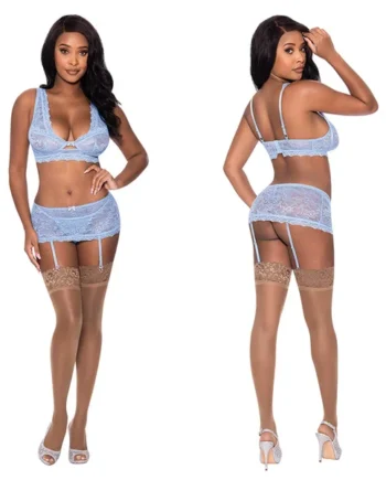 Magic Silk Bralette, Garter Skirt, & G-String Set - Blue L/XL