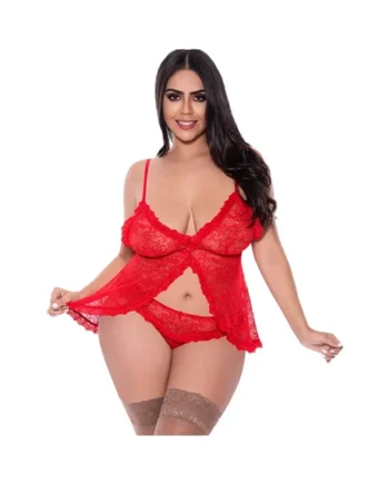 Magic Silk Ooh La Lace Babydoll & Split-Crotch Panty Set Red Queen