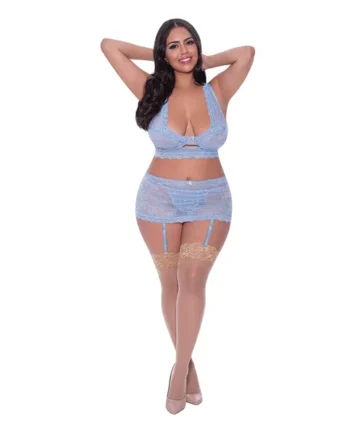 Magic Silk Ooh La Lace Bralette, Garter Skirt & G-String Set Periwinkle Queen Size