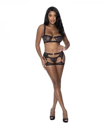Magic Silk Rude Awakening Balconette Bra & Stirrup Thong Set Black L/xl