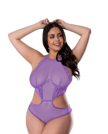 Magic Silk Sheer Passion Halter Teddy Very Peri Queen Size