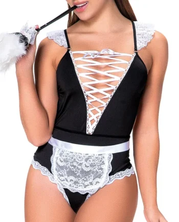 Mapale Sexy French Maid Criss-Cross Bodysuit Costume Set
